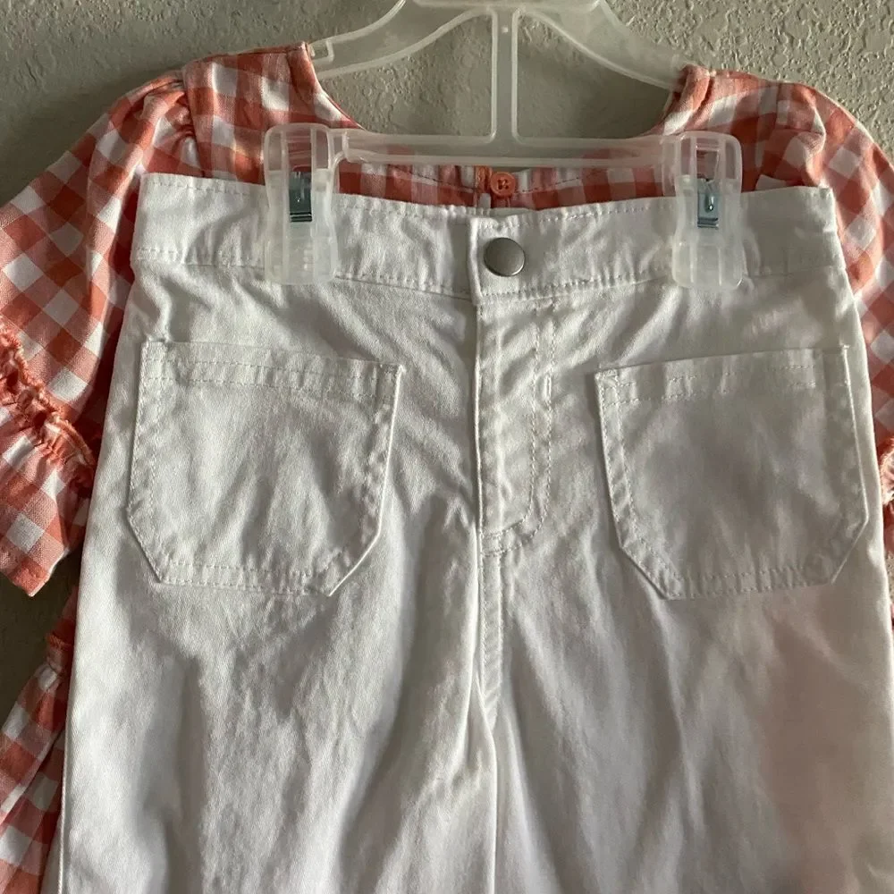 NWT Toddler girl 4T Outfit Set Plaid short sleeve shirt Top White Pants